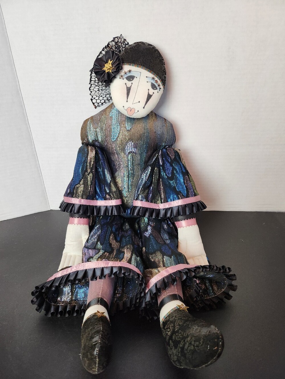 Handmade Pierrot Harlequin Clown Art Doll Metallic Costume Vintage - Picture 7 of 11